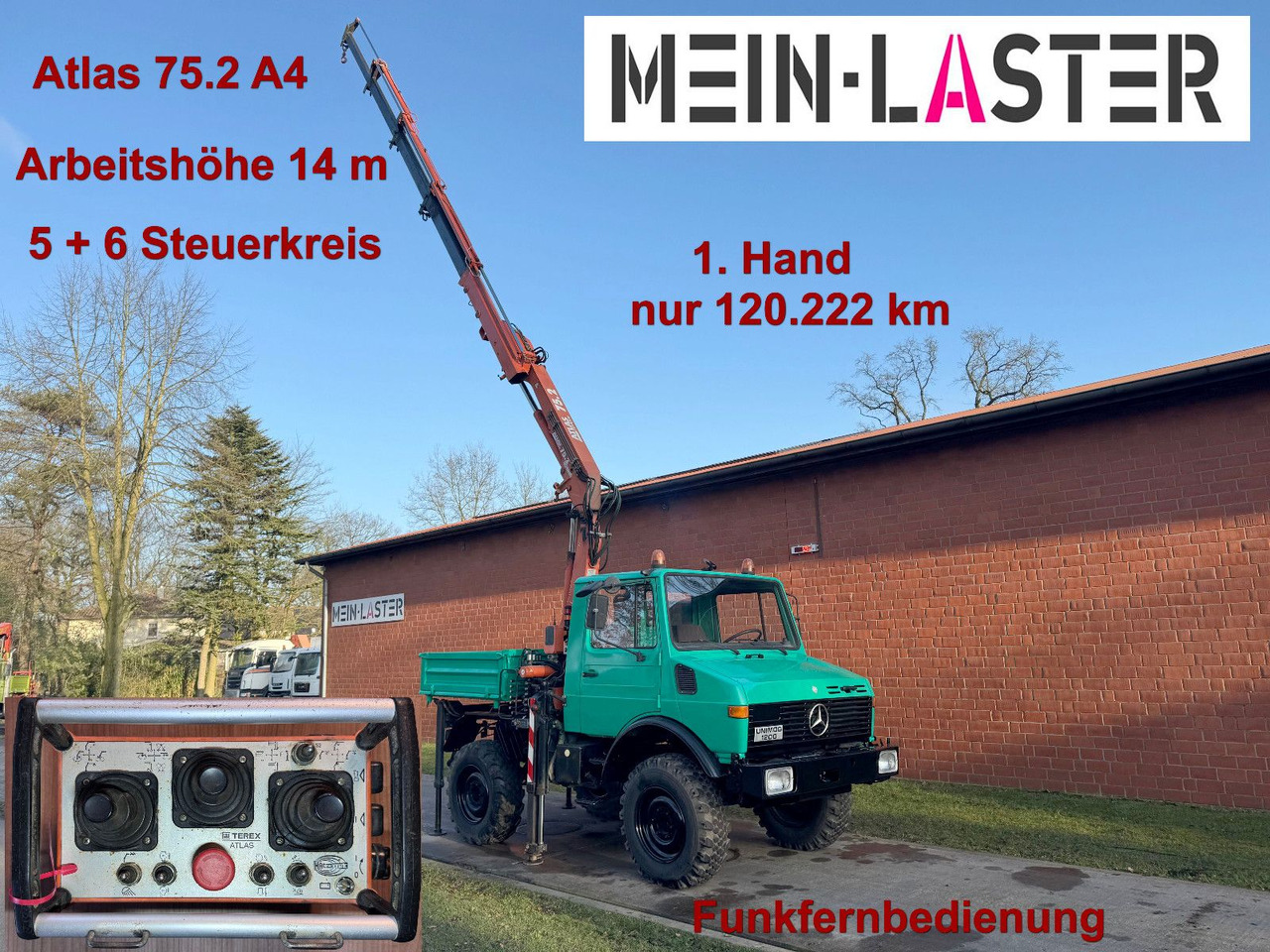 Unimog U 1200 Atlas 75.2 Kran 14 m Funk FB *1. Hand - Φορτηγό με γερανό: φωτογραφία 1 Unimog U 1200 Atlas 75.2 Kran 14 m Funk FB *1. Hand - Φορτηγό με γερανό: φωτογραφία 1