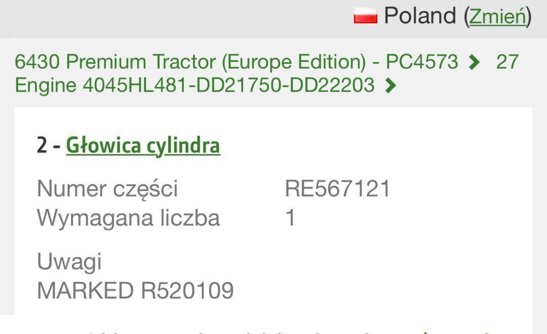 Κυλινδροκεφαλή για Γεωργικά μηχανήματα John Deere RE523430 - Głowica cylindrów: φωτογραφία 1
