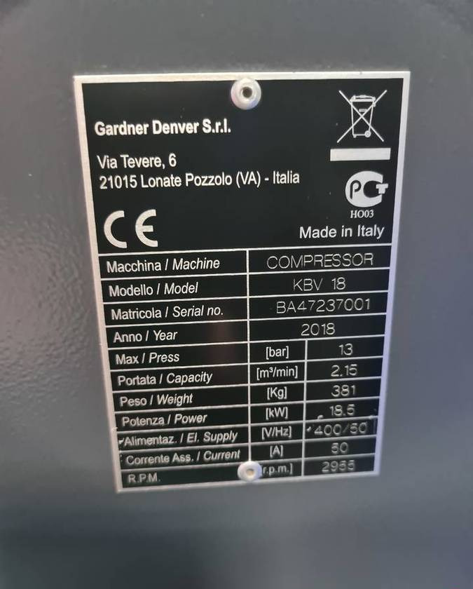 Kompresor śrubowy GARDNER DENVER KBV 18 18,5 kw, 2018r, Falownik - Αεροσυμπιεστής: φωτογραφία 4 Kompresor śrubowy GARDNER DENVER KBV 18 18,5 kw, 2018r, Falownik - Αεροσυμπιεστής: φωτογραφία 4