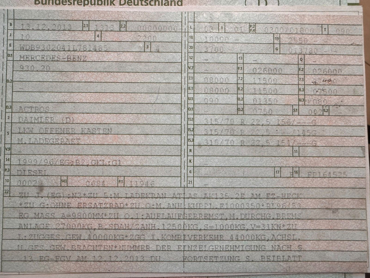 Mercedes-Benz 2541 6X2 Pritsche mit Kran Atlas 135 E2 Funk - Φορτηγό με γερανό: φωτογραφία 3 Mercedes-Benz 2541 6X2 Pritsche mit Kran Atlas 135 E2 Funk - Φορτηγό με γερανό: φωτογραφία 3