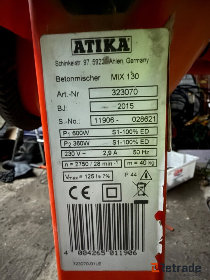 Blandemaskin fra ATIKA MIX 130 - Εξοπλισμού κατασκευών: φωτογραφία 4 Blandemaskin fra ATIKA MIX 130 - Εξοπλισμού κατασκευών: φωτογραφία 4