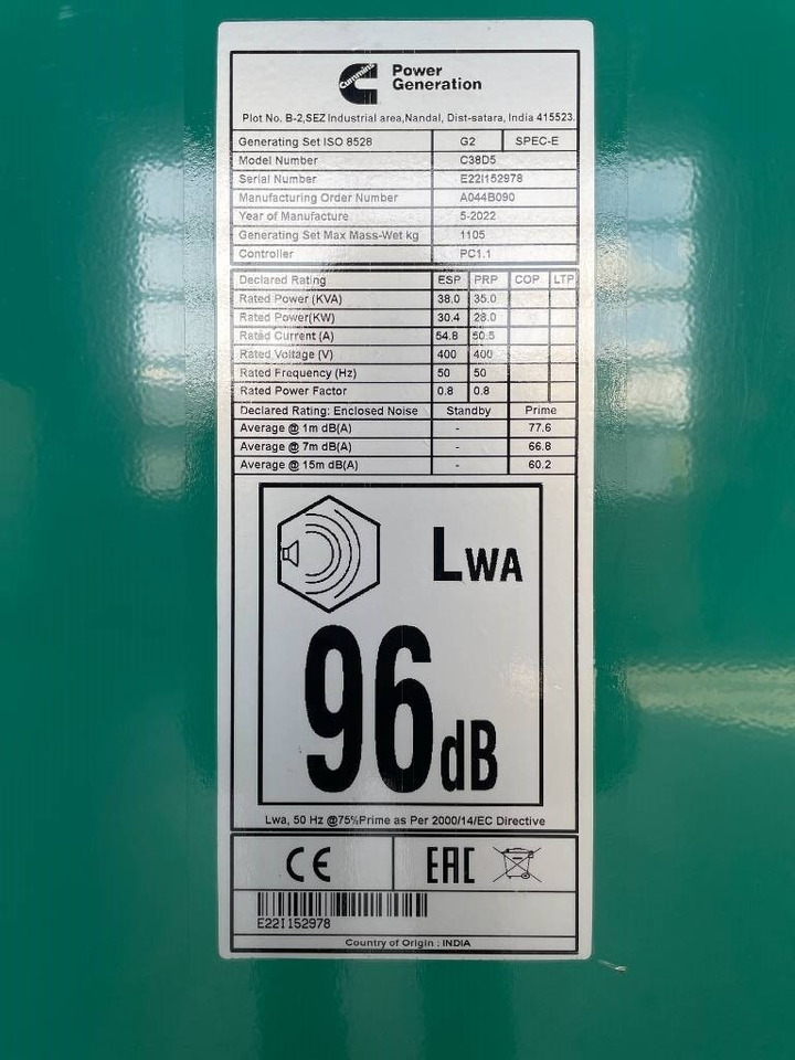 Βιομηχανική γεννήτρια Cummins C38D5 - 38 kVA Surplus genset - DPX-18504: φωτογραφία 6