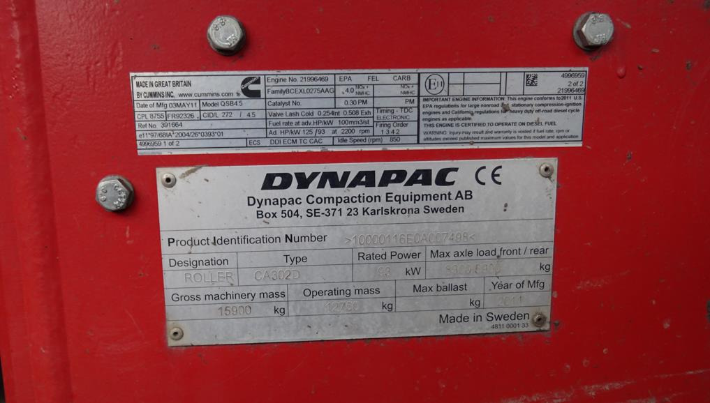 Walec DYNAPAC CA 302D 2011 - 3393 mth - CE - 15,9t - Οδοστρωτήρας: φωτογραφία 5 Walec DYNAPAC CA 302D 2011 - 3393 mth - CE - 15,9t - Οδοστρωτήρας: φωτογραφία 5