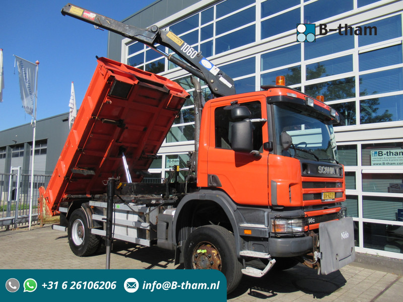 Φορτηγό ανατρεπόμενο, Φορτηγό με γερανό Scania P 114 CB 4x4 HZ 340 3-W. Tipper - 3-S. Kipper + HMF 1063 Crane Kran: φωτογραφία 1