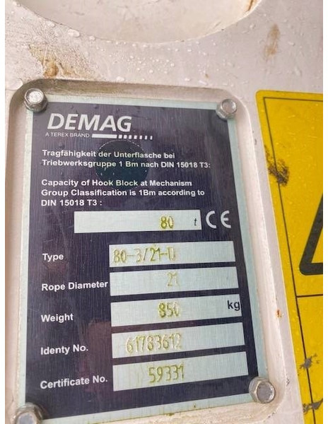 Terex Demag 80t hook block 3-sheaves, 21mm - Γερανός παπαγάλος για Κατασκευή μηχανήματα: φωτογραφία 5 Terex Demag 80t hook block 3-sheaves, 21mm - Γερανός παπαγάλος για Κατασκευή μηχανήματα: φωτογραφία 5