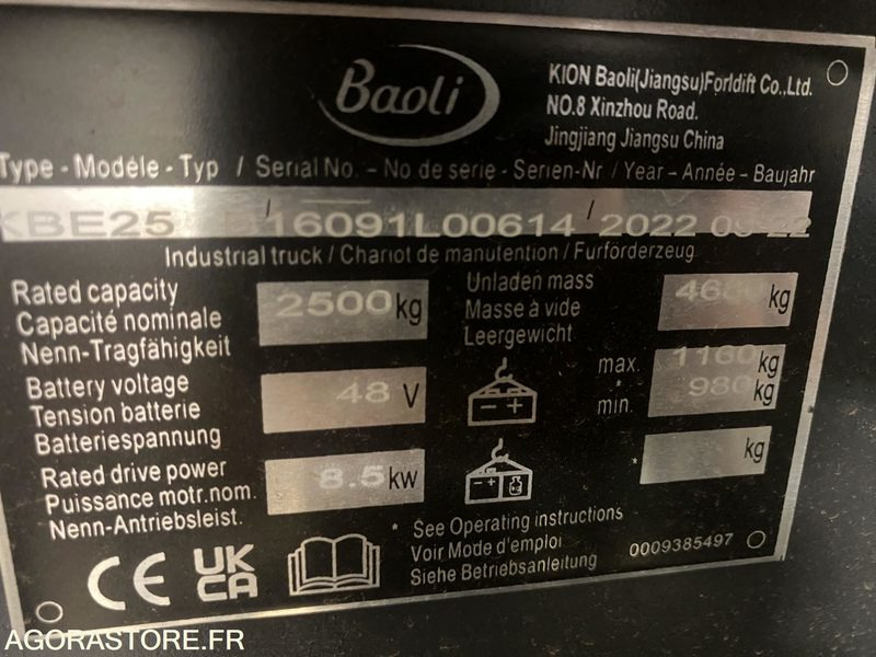Chariot élévateur BAOLI KBE25N 2T5 ELECTRIQUE CABINE - Ηλεκτροκίνητο περονοφόρο: φωτογραφία 4 Chariot élévateur BAOLI KBE25N 2T5 ELECTRIQUE CABINE - Ηλεκτροκίνητο περονοφόρο: φωτογραφία 4