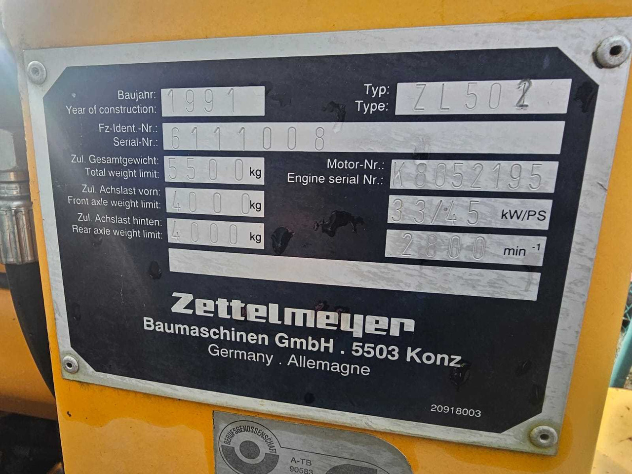 ZETTELMEYER - ZL 502 - LOADER - 1991 - Ελαστιχοφόρος φορτωτής: φωτογραφία 4 ZETTELMEYER - ZL 502 - LOADER - 1991 - Ελαστιχοφόρος φορτωτής: φωτογραφία 4