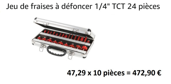 10 Jeux de fraises à défoncer 1/4" TCT 24 pcs - Εργαλείο/ Εξοπλισμός: φωτογραφία 1 10 Jeux de fraises à défoncer 1/4" TCT 24 pcs - Εργαλείο/ Εξοπλισμός: φωτογραφία 1