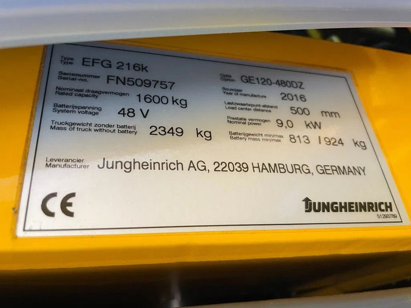 Περονοφόρο όχημα Jungheinrich EFG 216K 1.6 ton Triplex Freelift Sideshift Elektra Heftruck Accu 2020: φωτογραφία 16 Περονοφόρο όχημα Jungheinrich EFG 216K 1.6 ton Triplex Freelift Sideshift Elektra Heftruck Accu 2020: φωτογραφία 16