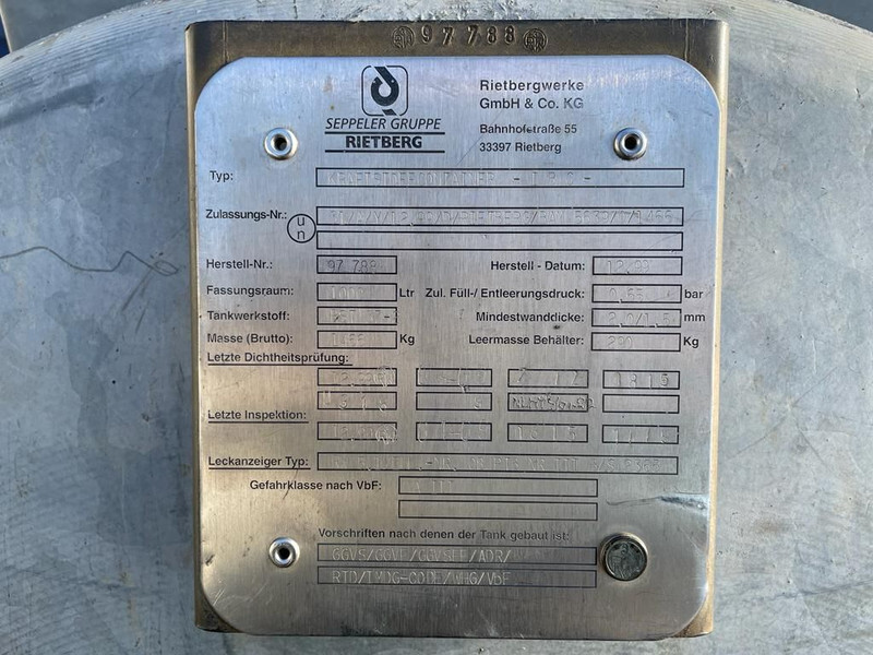 Dieseltank Rietberg 1000 liter Dieseltank Gegalvaniseerd IBC met keuring ! - Δεξαμενή αποθήκευσης: φωτογραφία 3 Dieseltank Rietberg 1000 liter Dieseltank Gegalvaniseerd IBC met keuring ! - Δεξαμενή αποθήκευσης: φωτογραφία 3